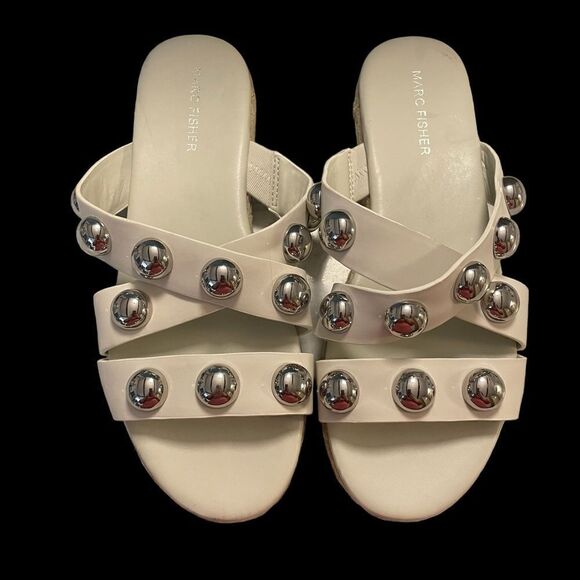 Marc Fisher Prisca White Vegan Leather Studded Slides - Picture 1 of 6